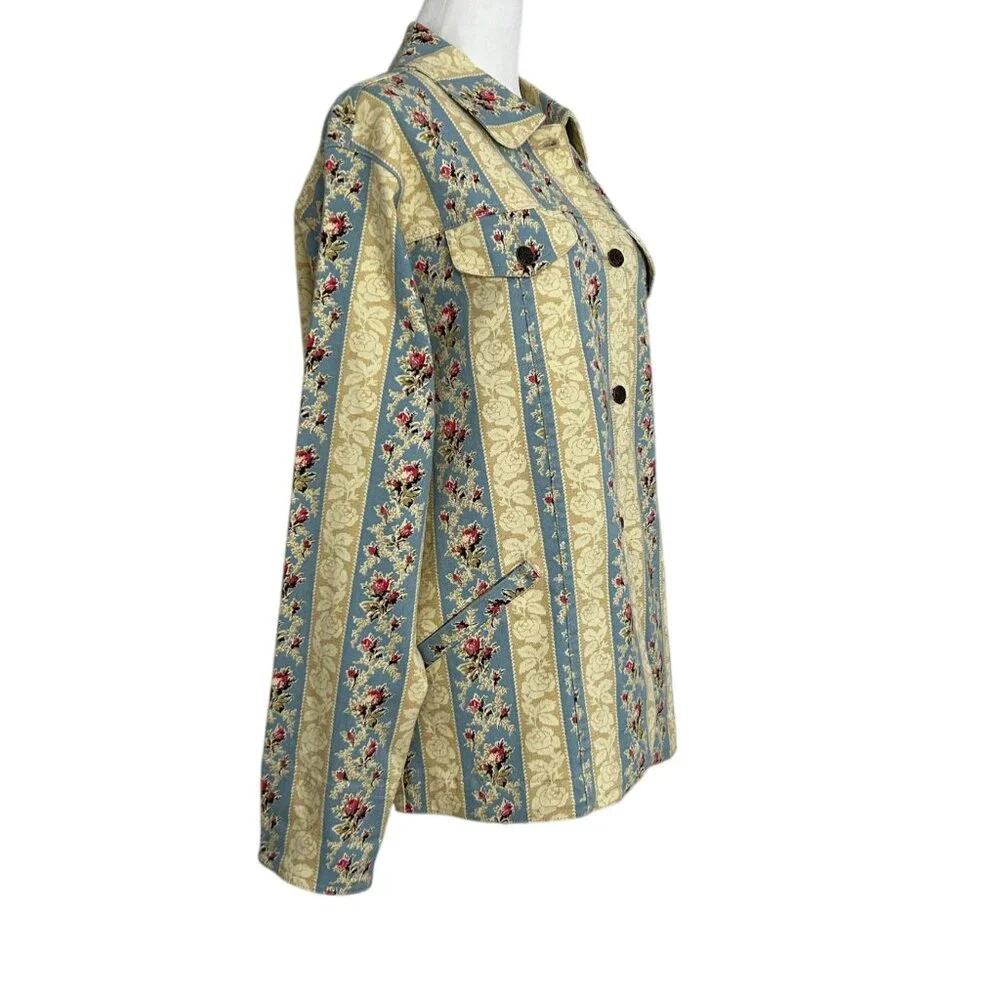 Denim & Co Vintage Striped Floral Denim Jean Jacket (M)